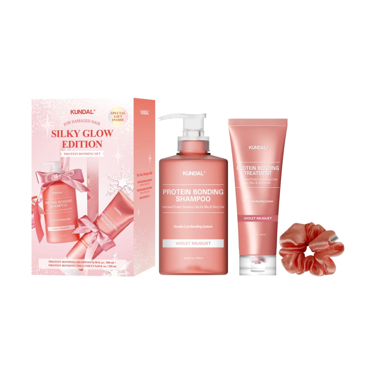 Набір для волосся Kundal Silk Glow Edition Protein Bonding Set, Violet Muguet (шампунь, 500 мл + маска, 250 мл + резинка для волосся)